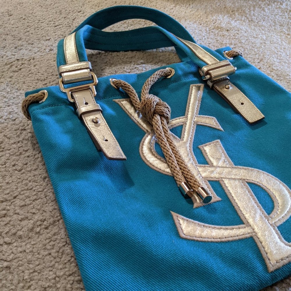 Yves Saint Laurent Blue Kahala YSL Logo Tote